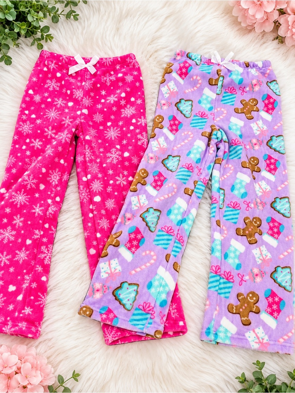 Girls' Pink & Lavender Holiday Fleece Pajama Pants - Soft Cozy Sleepwear
